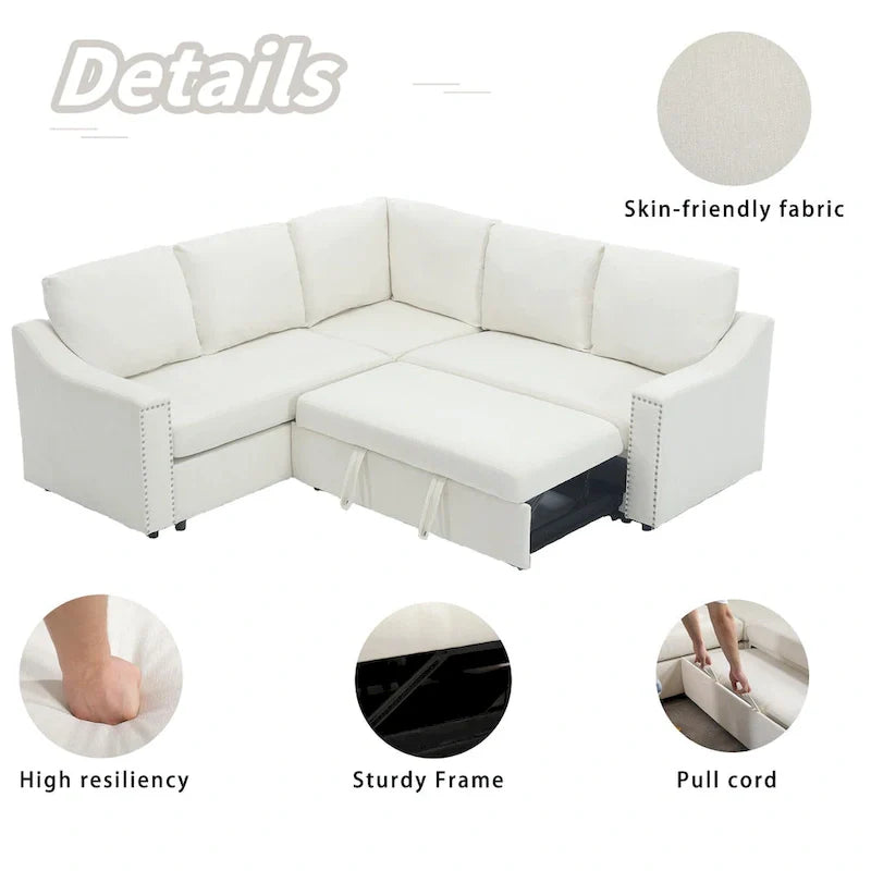 Canapé sectionnel en L 5 places de 81,5 po avec lit escamotable et 6 coussins, divan d'angle multifonction pour le salon