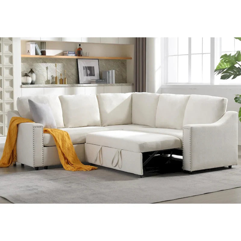 Canapé d'angle en L 5 places de 207 cm avec lit gigogne et 6 coussins, canapé d'angle multifonctionnel pour salon