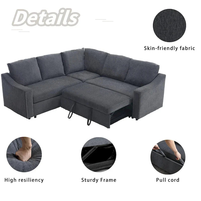 Canapé d'angle en L 5 places de 207 cm avec lit gigogne et 6 coussins, canapé d'angle multifonctionnel pour salon