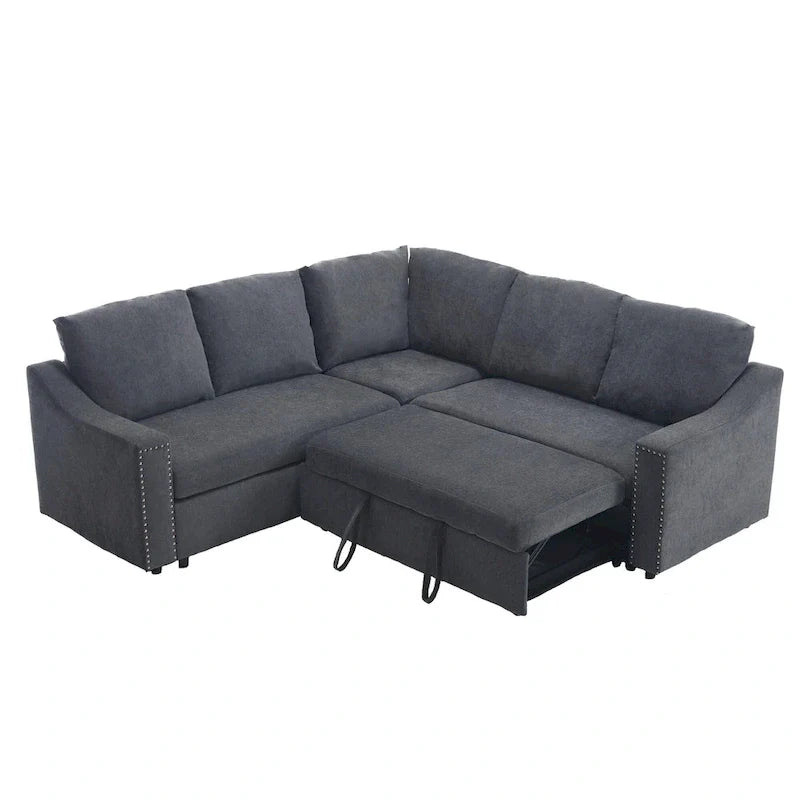 Canapé d'angle en L 5 places de 207 cm avec lit gigogne et 6 coussins, canapé d'angle multifonctionnel pour salon