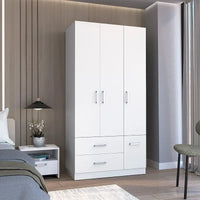 35.4 Armoire moderne à quatre portes avec 2 tiroirs, six étagères et une tringle de penderie