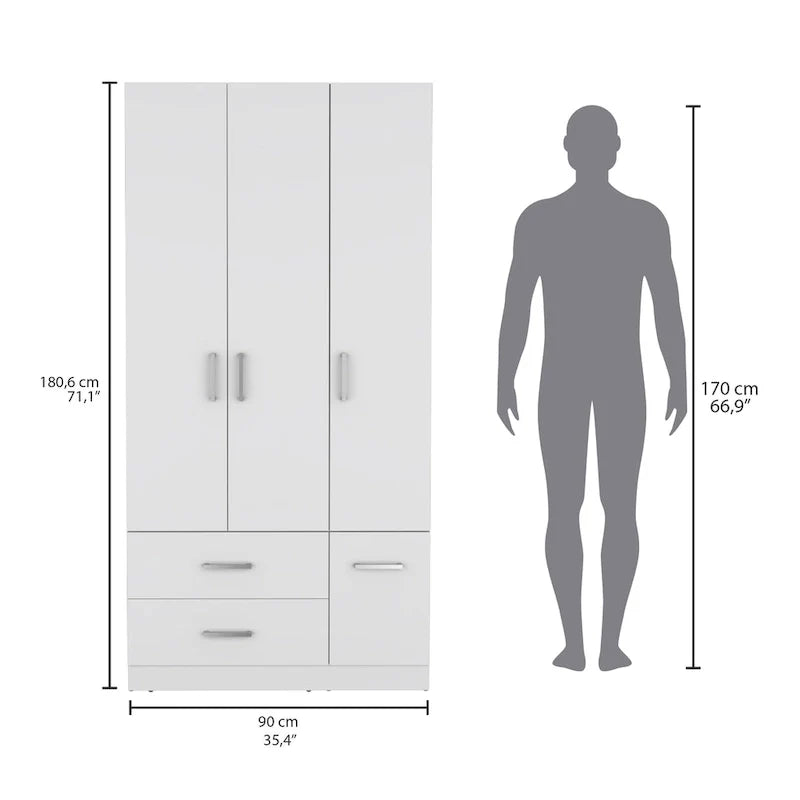 35.4 Armoire moderne à quatre portes avec 2 tiroirs, six étagères et une tringle de penderie
