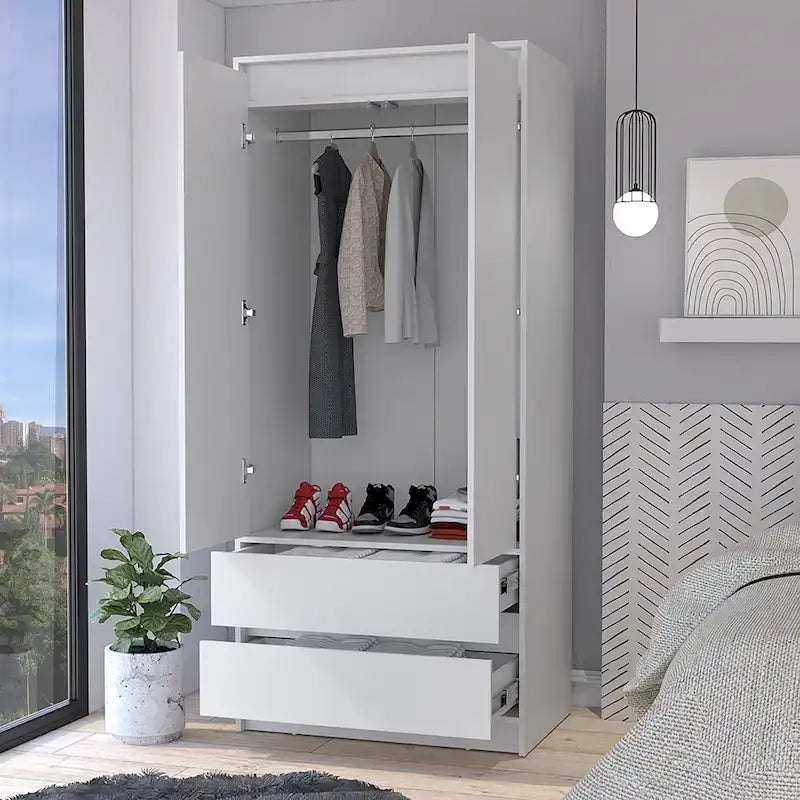 Armoire double porte moderne 20.47 avec tringle et deux tiroirs pour chambre
