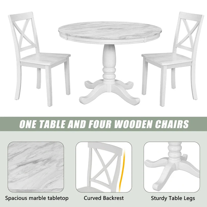 Ensemble de salle à manger 5 pièces en bois de style moderne avec table ronde et 4 chaises rembourrées