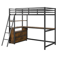 Lit mezzanine noir en métal et bois, taille double, avec bureau, tiroirs et port USB