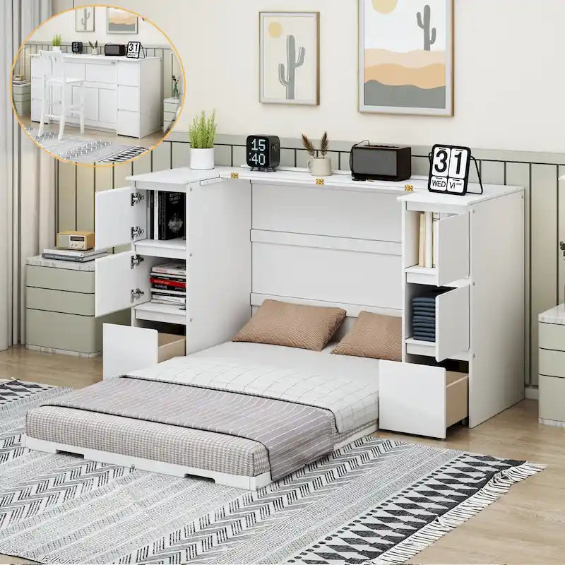 Lit escamotable avec tiroirs, armoires et ports USB
