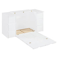 Lit escamotable avec tiroirs, armoires et ports USB