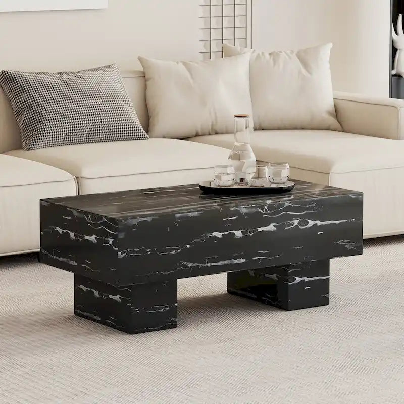 Table basse en MDF de 110 cm avec texture marbre noir, capacité de 136 kg