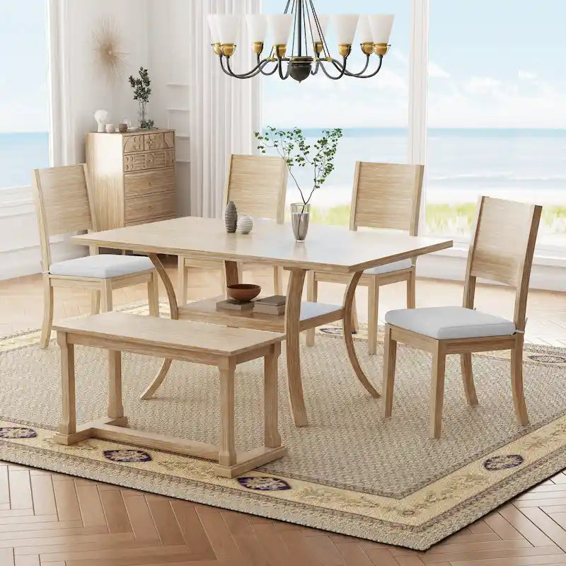 Ensemble de table à manger 6 pièces de style moderne avec 4 chaises à coussins amovibles, étagère de rangement et banc