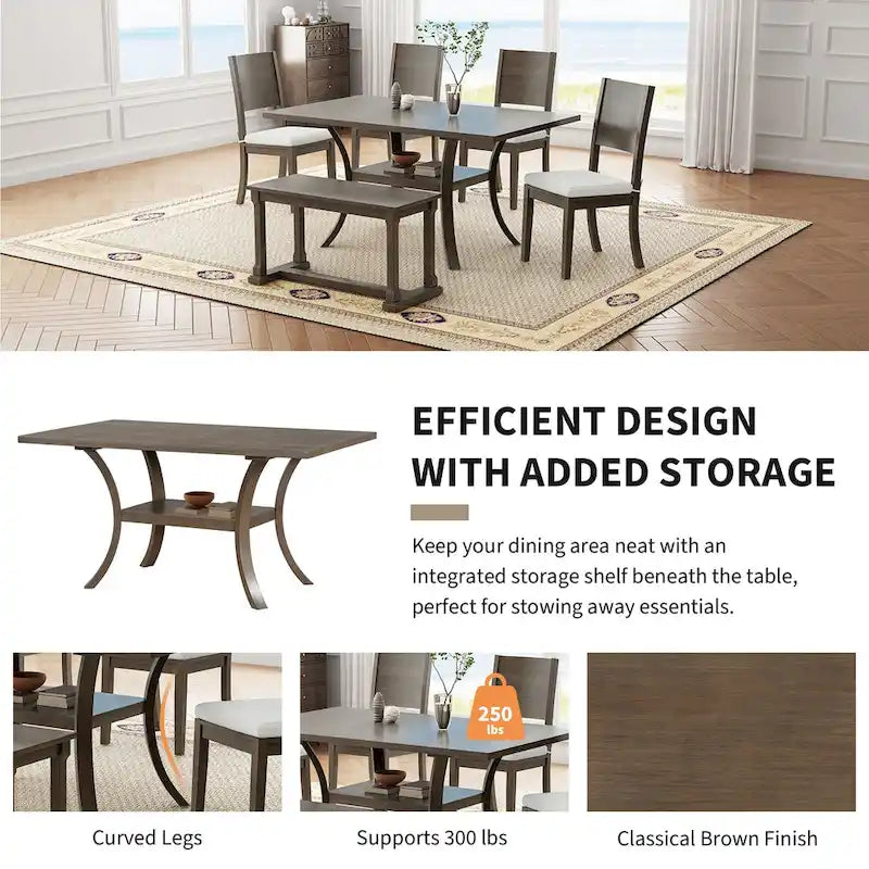 Ensemble de table à manger 6 pièces de style moderne avec 4 chaises à coussins amovibles, étagère de rangement et banc