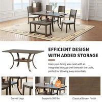 Ensemble de table à manger 6 pièces de style moderne avec 4 chaises à coussins amovibles, étagère de rangement et banc