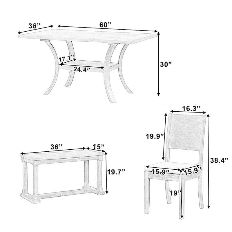Ensemble de table à manger 6 pièces de style moderne avec 4 chaises à coussins amovibles, étagère de rangement et banc