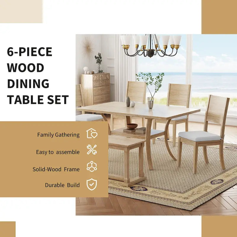Ensemble de table à manger 6 pièces de style moderne avec 4 chaises à coussins amovibles, étagère de rangement et banc