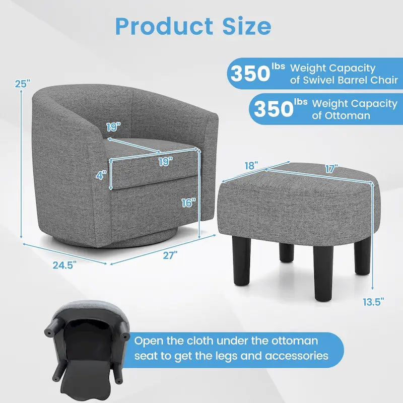 Fauteuil d'appoint pivotant moderne avec ottoman pour salon ou chambre