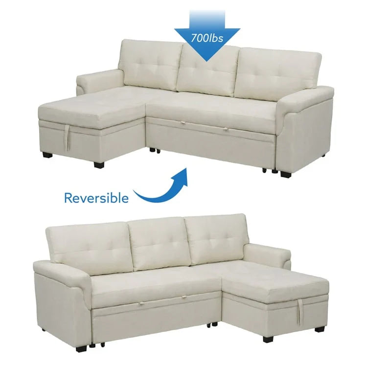 Canapé sectionnel réversible avec lit escamotable, méridienne de rangement dissimulée, pieds durables,