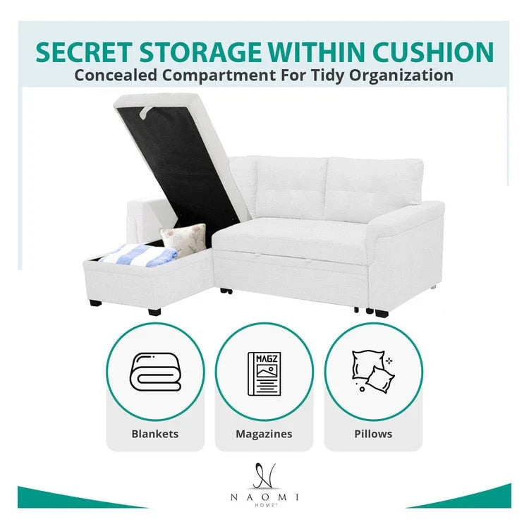 Canapé sectionnel réversible avec lit escamotable, méridienne de rangement dissimulée, pieds durables,