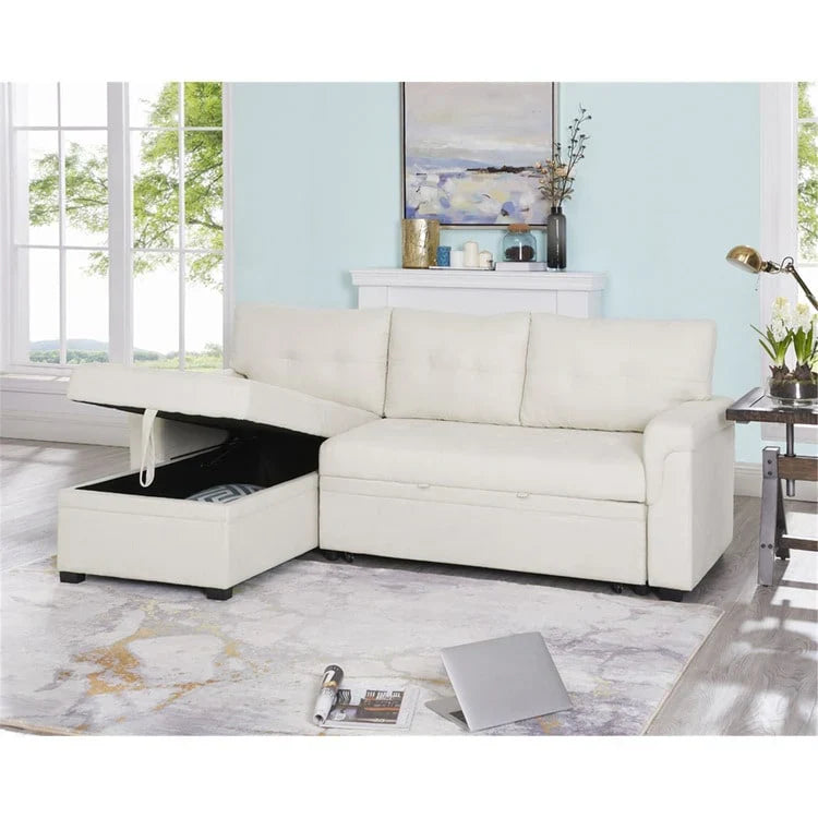 Canapé sectionnel convertible réversible avec lit escamotable, méridienne de rangement dissimulée et pieds durables