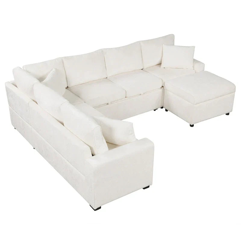 Canapé sectionnel en chenille avec canapé-lit escamotable, canapé-lit en forme de L avec ottoman de rangement, 3 coussins et prises de charge