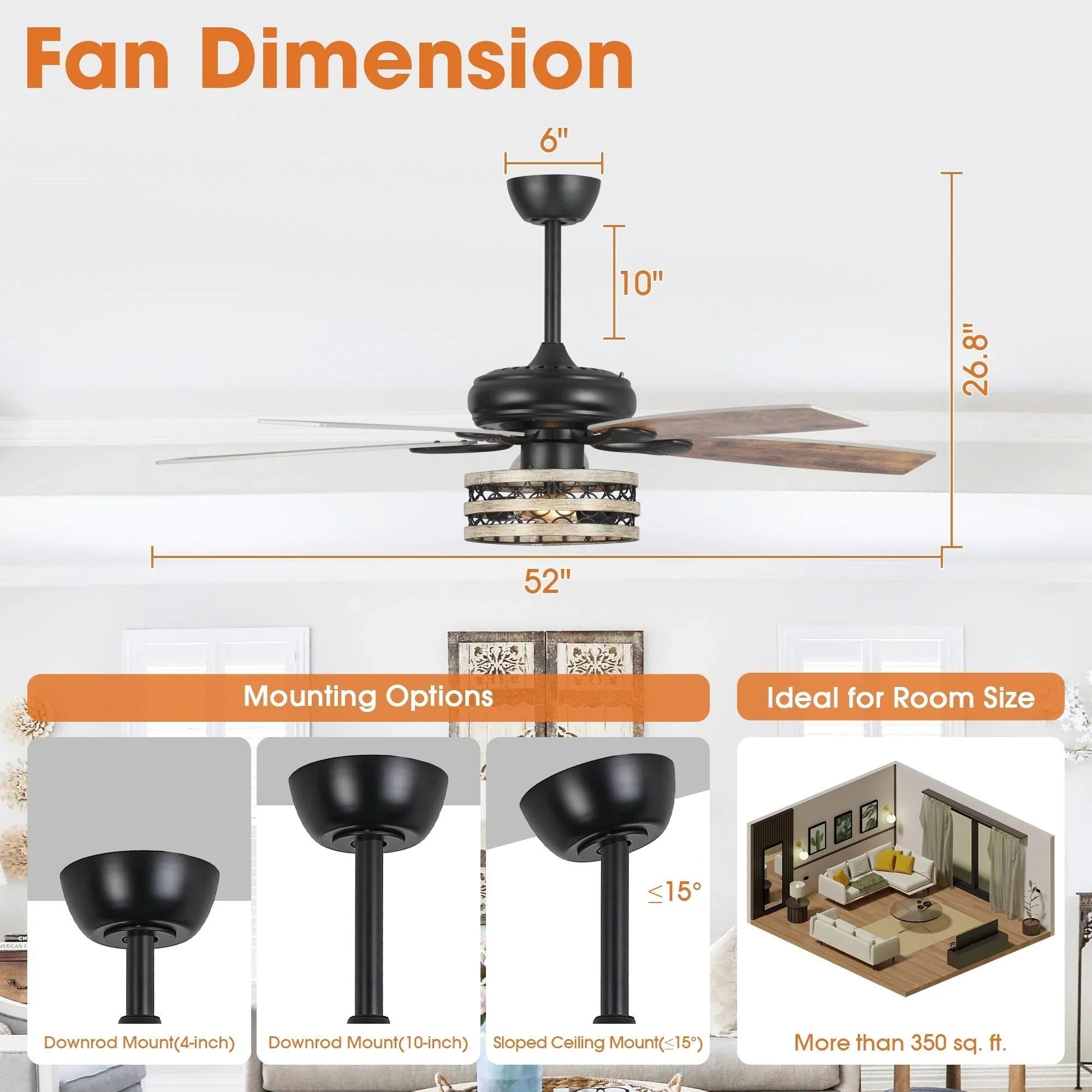 Ventilateur de plafond cage noir 52 style ferme bois flotté 5 pales avec télécommande