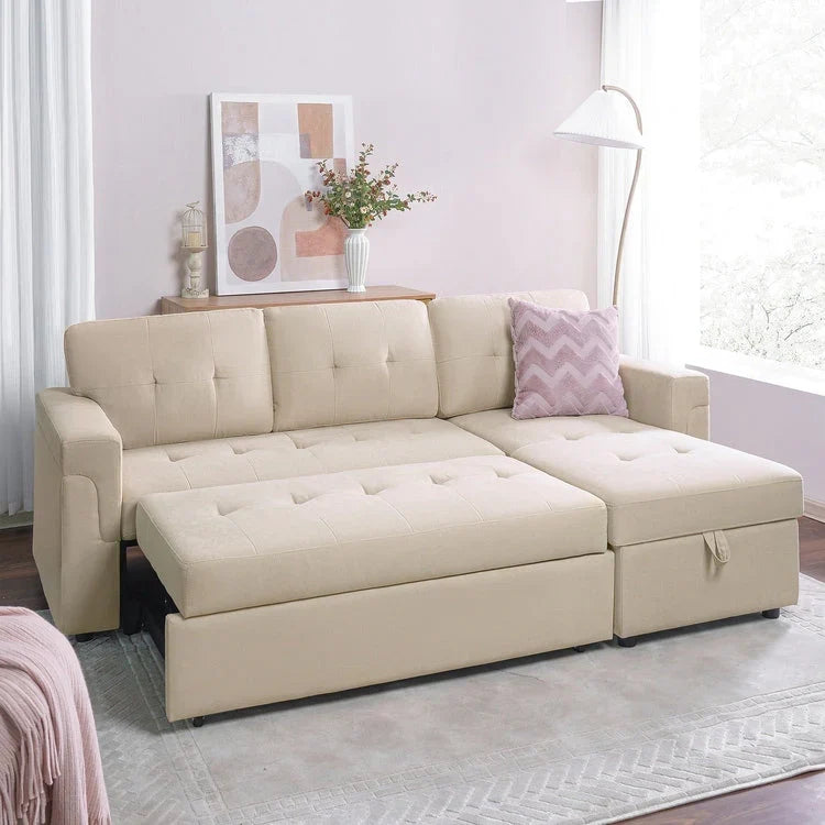 Canapé sectionnel réversible avec lit escamotable, méridienne de rangement dissimulée, pieds durables,