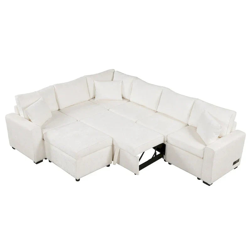 Canapé sectionnel en chenille avec canapé-lit escamotable, canapé-lit en forme de L avec ottoman de rangement, 3 coussins et prises de charge