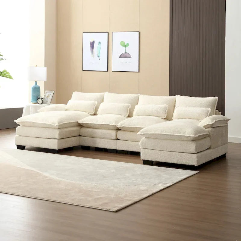 Canapé Sectionnel Canapé Nuage pour Salon, Canapé Moderne Forme U en Chenille/Bouclette, Canapé-Lit Modulable Confortable avec Double Méridienne