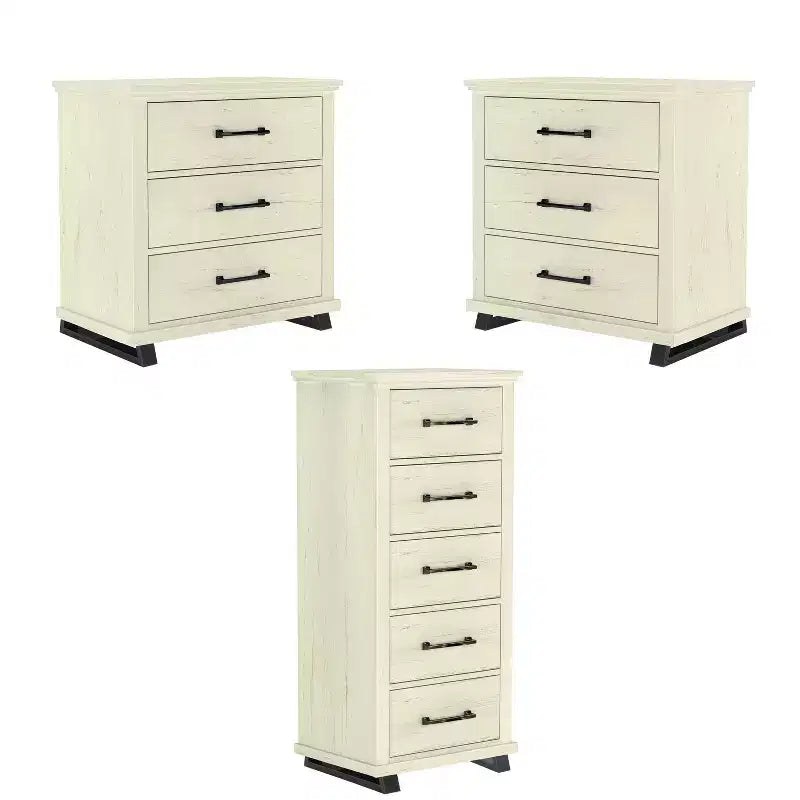 Commode Festivo 3 pièces contemporaine 24 po à 5 tiroirs et table de nuit à 3 tiroirs, blanc cassé aspect scié : MDF, pieds en métal, dispositif anti-basculement