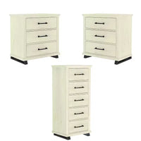 Commode Festivo 3 pièces contemporaine 24 po à 5 tiroirs et table de nuit à 3 tiroirs, blanc cassé aspect scié : MDF, pieds en métal, dispositif anti-basculement
