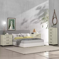Commode Festivo 3 pièces contemporaine 24 po à 5 tiroirs et table de nuit à 3 tiroirs, blanc cassé aspect scié : MDF, pieds en métal, dispositif anti-basculement