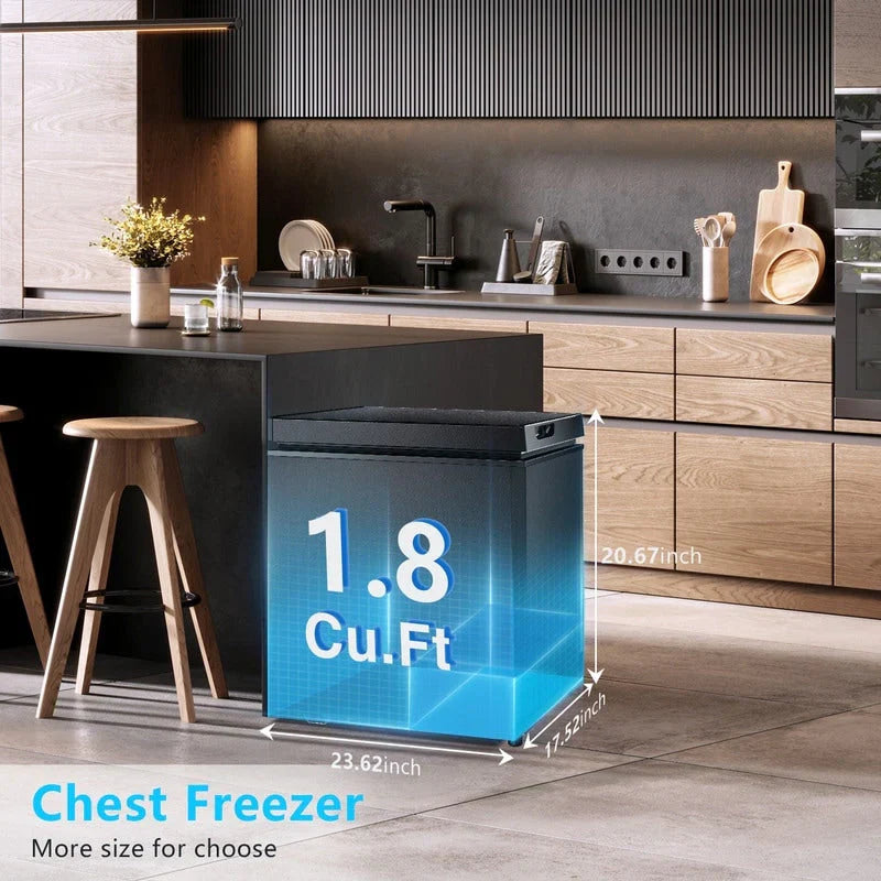 Congélateur coffre 1.8 pi³ avec panier amovible, drain inférieur, thermostat 7 niveaux, conception autonome pour maison et appartement