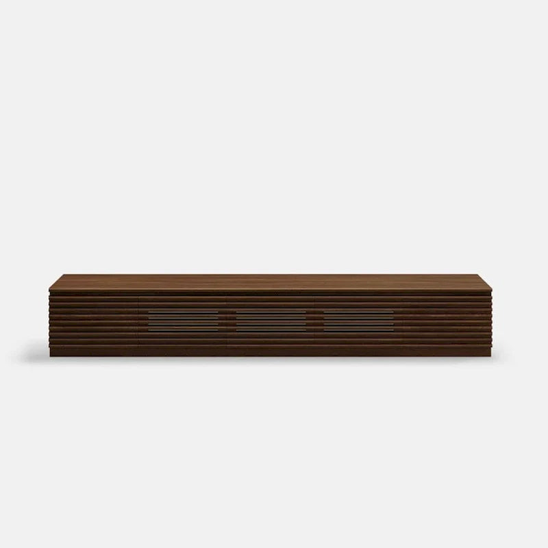 Meuble TV minimaliste avec tiroirsConsole multimédia en bois massif avec placards, porte abattante, placage noyer, entièrement assemblé