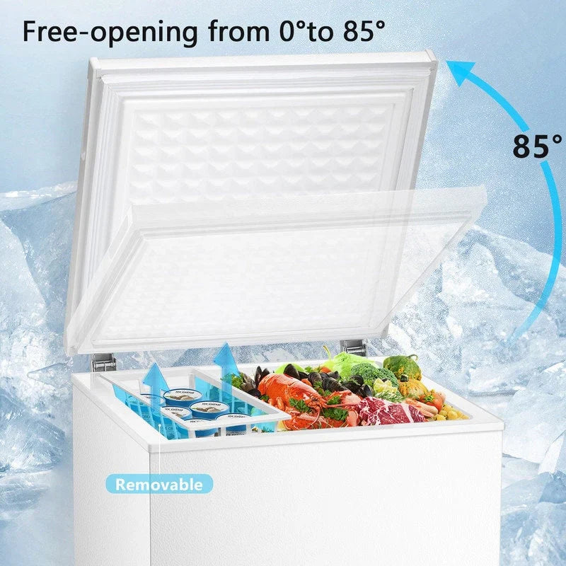 Congélateur coffre 1.8 pi³ avec panier amovible, drain inférieur, thermostat 7 niveaux, conception autonome pour maison et appartement