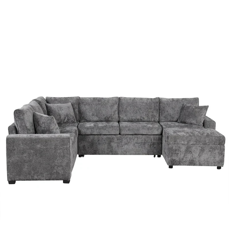Canapé sectionnel en chenille avec canapé-lit escamotable, canapé-lit en forme de L avec ottoman de rangement, 3 coussins et prises de charge