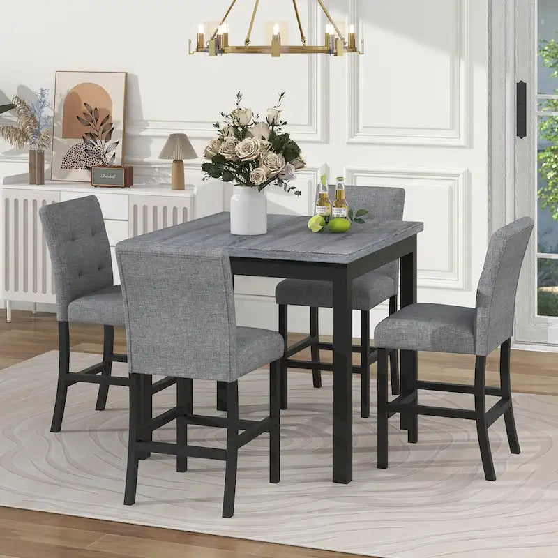 Ensemble de salle à manger hauteur comptoir 5 pièces, ensemble table à manger en bois avec table rectangulaire et 4 chaises rembourrées à dossier haut