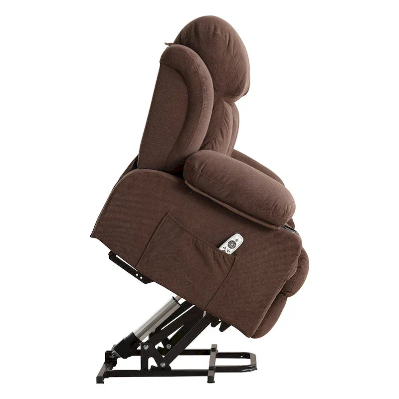 Fauteuil releveur électrique gris avec massage chauffant, charge USB, télécommande et poches latérales pratiques pour seniors
