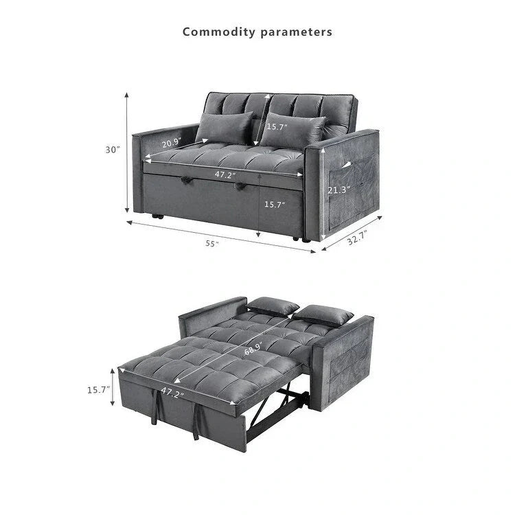 Causeuse de futon moderne en velours avec dossier inclinable et poches, 2 places – Gris foncé / Gris clair / Bleu / Noir