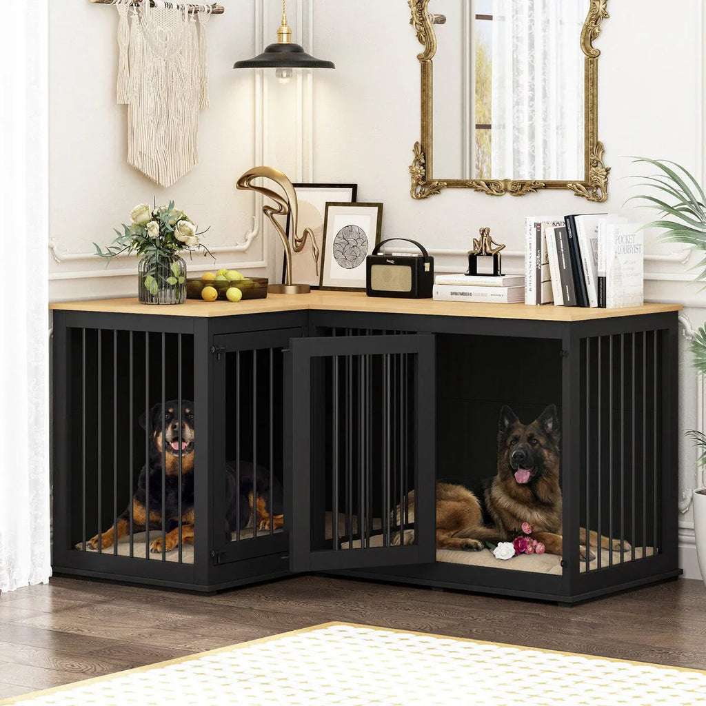 Grand meuble cage d'angle pour chien pour 2 chiens, cage pour chien en forme de L - 58.7X41.1