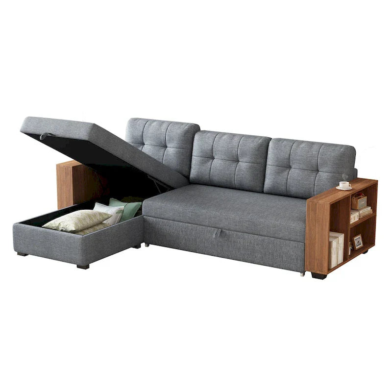 Canapé d'angle convertible avec lit escamotable et méridienne avec rangement caché