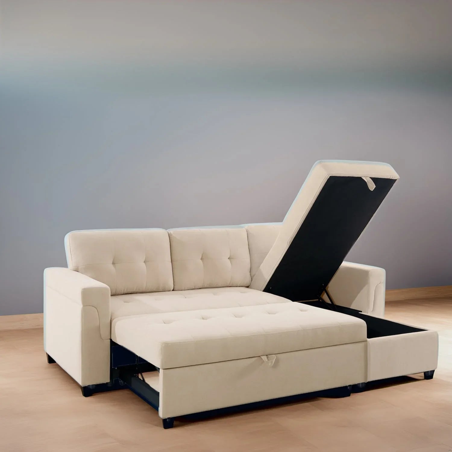 Canapé sectionnel convertible réversible avec lit escamotable, méridienne de rangement dissimulée et pieds durables