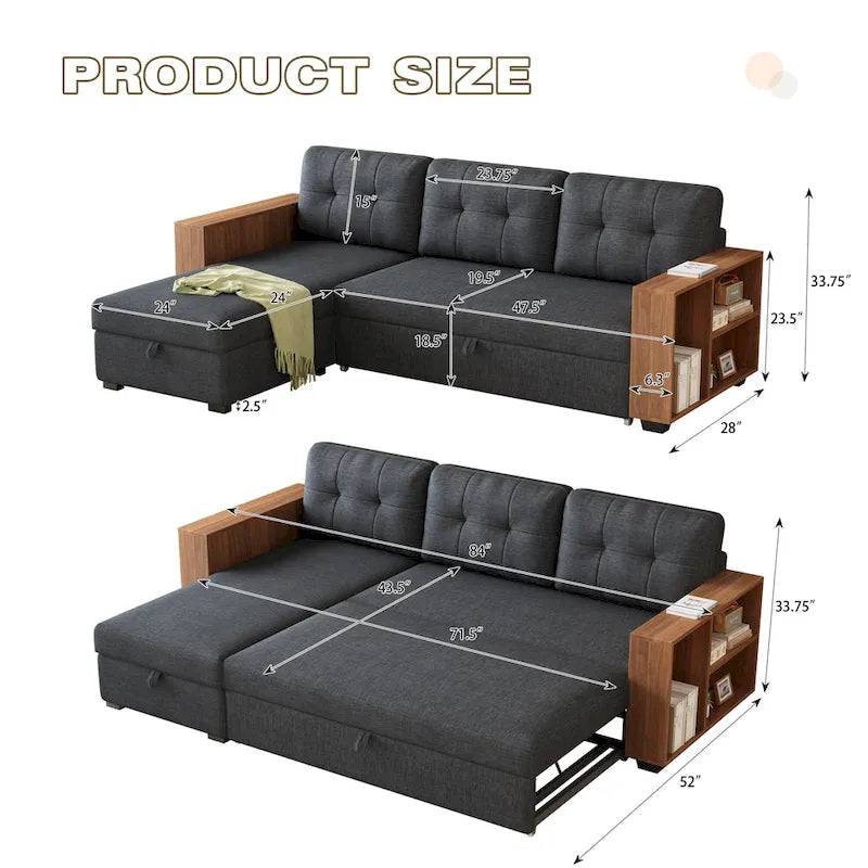 Canapé d'angle convertible avec lit escamotable et méridienne avec rangement caché