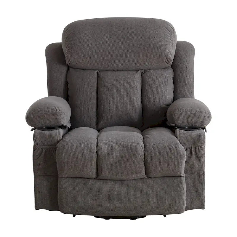 Fauteuil releveur électrique gris avec massage chauffant, charge USB, télécommande et poches latérales pratiques pour seniors