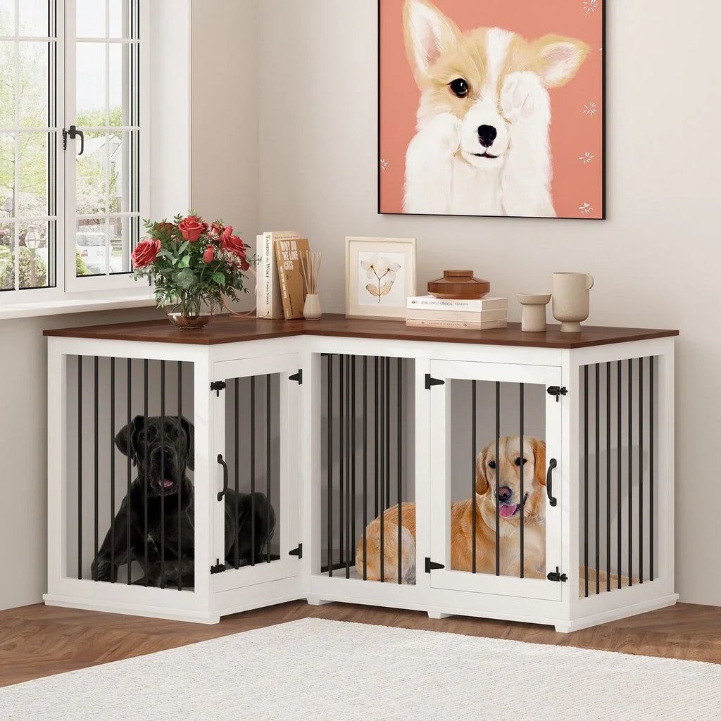 Grand meuble cage d'angle pour chien pour 2 chiens, cage pour chien en forme de L - 58.7X41.1