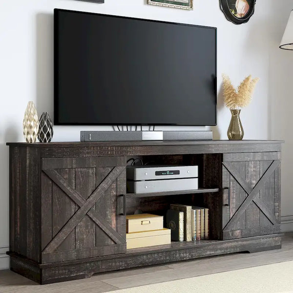 Meuble TV style ferme pour TV 65 pouces, console multimédia avec portes de grange rustiques