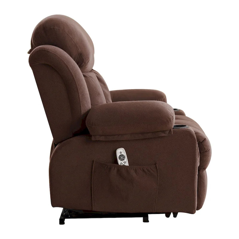 Fauteuil releveur électrique gris avec massage chauffant, charge USB, télécommande et poches latérales pratiques pour seniors
