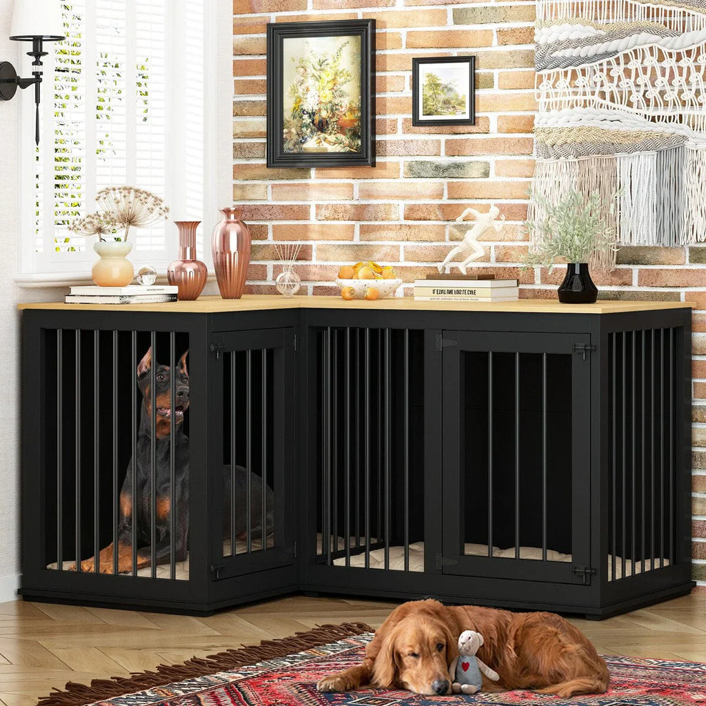 Grand meuble cage d'angle pour chien pour 2 chiens, cage pour chien en forme de L - 58.7X41.1