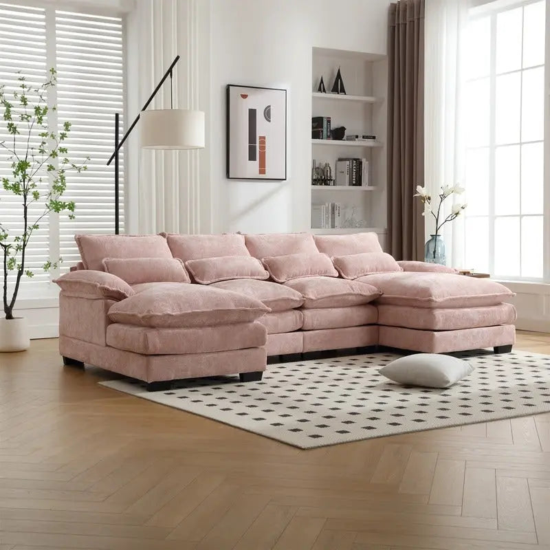 Canapé Sectionnel Canapé Nuage pour Salon, Canapé Moderne Forme U en Chenille/Bouclette, Canapé-Lit Modulable Confortable avec Double Méridienne