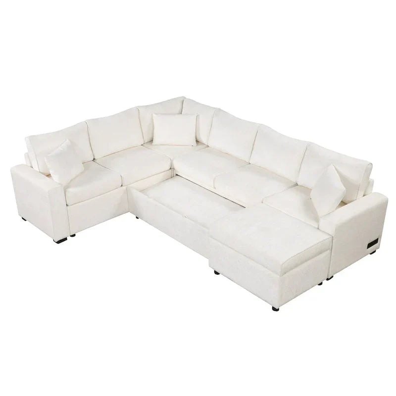 Canapé sectionnel en chenille avec canapé-lit escamotable, canapé-lit en forme de L avec ottoman de rangement, 3 coussins et prises de charge