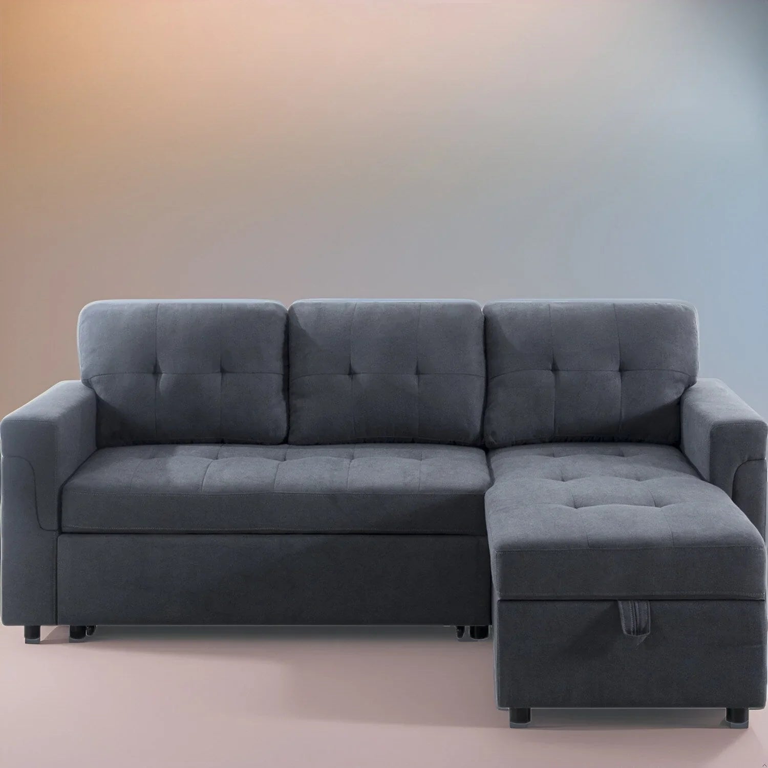 Canapé sectionnel réversible avec lit escamotable, méridienne de rangement dissimulée, pieds durables,