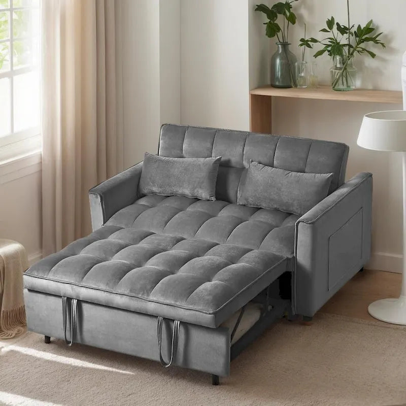 Causeuse de futon moderne en velours avec dossier inclinable et poches, 2 places – Gris foncé / Gris clair / Bleu / Noir