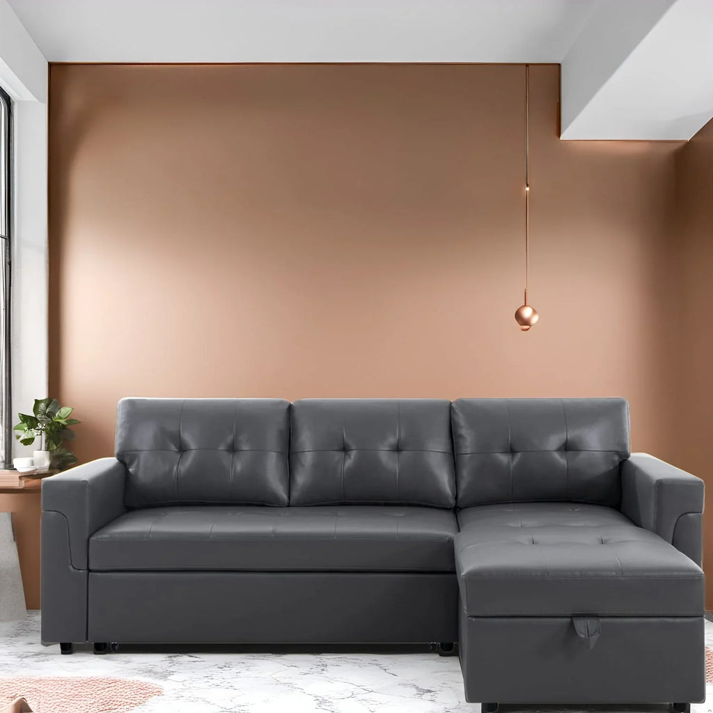 Canapé sectionnel réversible avec lit escamotable, méridienne de rangement dissimulée, pieds durables,